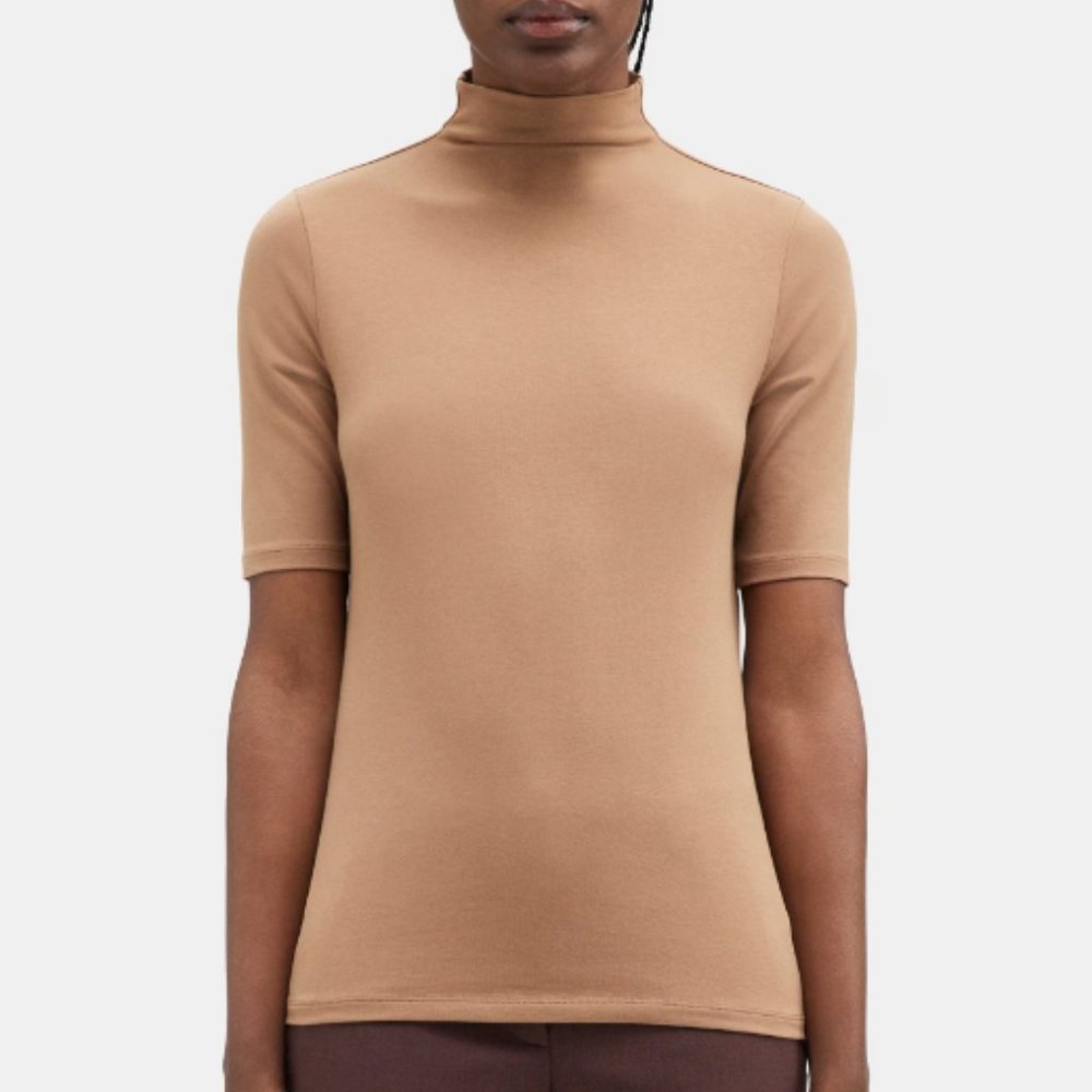 Turtleneck Tee in Pima Cotton Jersey - Dark Camel